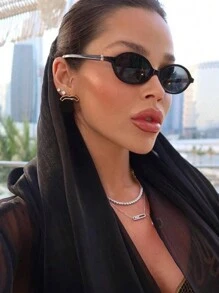 1pc 椭圆小框女士时尚眼镜INS街拍个性欧美佩戴搭配配饰户外旅行沙滩配饰 - 黑色 - 查看 3