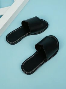 Comfortable Round Toe Flat Slides, Easy Slip-On Flat Slippers, Versatile Casual Sandals - Black - View 5