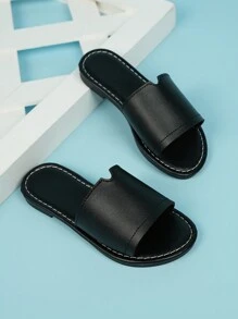 Comfortable Round Toe Flat Slides, Easy Slip-On Flat Slippers, Versatile Casual Sandals - Black - View 4