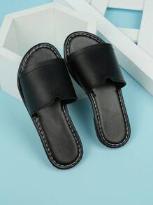Comfortable Round Toe Flat Slides, Easy Slip-On Flat Slippers, Versatile Casual Sandals - Black - View 2