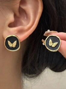 Bộ 5 bông tai thiết kế hình bướm tròn màu đen cổ điển hình chữ thập và ngọc trai - Bộ đồ A - Xem 3