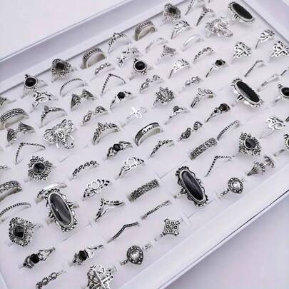 38pcs/Pack Vintage Black Droplet Zinc Alloy Ring Set For Women, Punk & Hip-Hop Mixed Style, Multi-Piece Couples Finger Rings For Party, Wedding, Daily Wear, Randomly Packed In OPP Bag