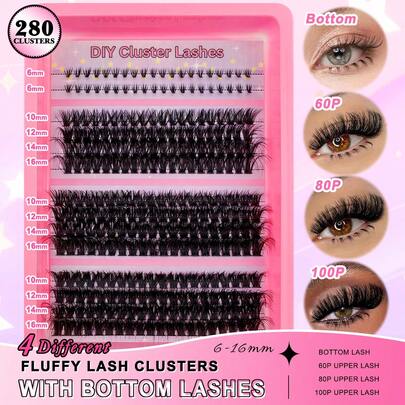 280 件 D 卷曲 DIY 簇状睫毛延长套装 8-16 毫米长度混合蓬松 60D+80D+100D 3 种款式混合+40 件透明带底部单根睫毛簇状分段尖刺 D 卷曲睫毛延长可以使猫眼睫毛看起来或自然外观和蓬松体积戏剧性睫毛效果睫毛簇、睫毛簇、单根睫毛、睫毛、假睫毛