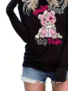 Áo thun dài tay có mũ trùm đầu màu đen, họa tiết gấu hoạt hình, trang phục mùa xuân và thu cho nữ - màu đen - Xem 2