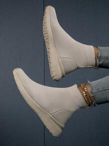 Botas tipo calcetín informales de punta redonda en beige para mujer, zapatos deportivos de exterior de punto elástico transpirable de caña alta, para todas las estaciones - Beis - Ver 2