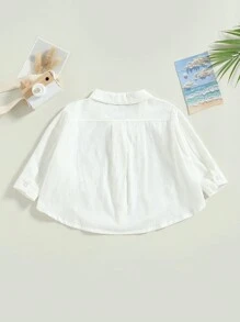 Tops de verano para niños pequeños y bebés, camisas de manga corta con cuello de solapa y botones de color liso - Beis - Ver 2