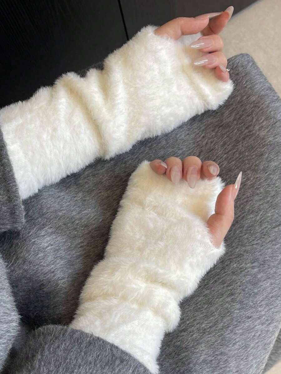 1 双女士柔软毛绒半指手套，保暖手臂保暖露指手套，可爱长袖设计，适合秋冬季 - A - 查看 1