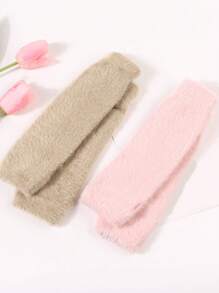 1 双女士柔软毛绒半指手套，保暖手臂保暖露指手套，可爱长袖设计，适合秋冬季 - A - 查看 3