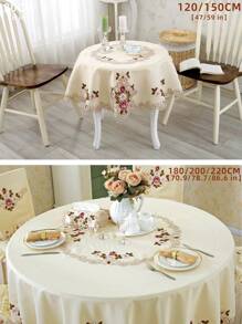 1pc Round Dining Table Cloth With European Rural Style Yellow Polyester Fabric & Multicolor Embroidery Hollow Out Lace Trim Decor For Round Table, Home Dining Decor