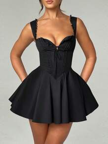 Women's Mini Corset Dress A-Line Deep V Neck Backless Ruffle Hem Sleeveless Dress For Party Club - màu đen - Xem 4