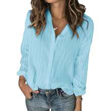 Womens Long Sleeve Button Down Cotton Linen Shirt Blouse Loose Fit Casual V-Neck Tops - 天藍色 - 查看 1