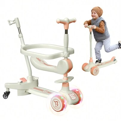 Multifunctional 3 Wheels Scooter, Toddler Scooter With Light Up Wheels, Kids Scooter With Adjustable Handbar, Foldable Kick Toddler Scooter With Push Handle For Boys Girls