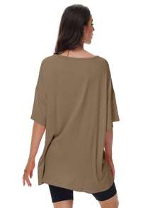 OUTBALL Oversized T Shirts For Women Short Sleeve Crewneck Summer Tops Loose Casual Mama Shirts Basic Tee - Khaki - View 2