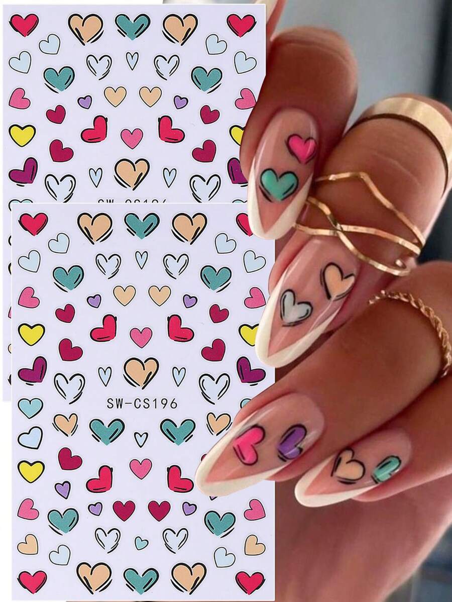 2 pezzi Adesivi per unghie a forma di cuore colorati per San Valentino, decorazioni per unghie con cuori dolci blu, rossi, rosa e gialli, simpatici adesivi per decorazione unghie, accessori per arte di unghie