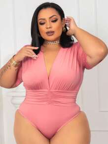 Women's Plus Size Princess Bodysuit / Women's Short Sleeve Blouse / Wrapped / Low-Cut V-Neck / Blogger Fashion - Màu hồng gỉ - Xem 1