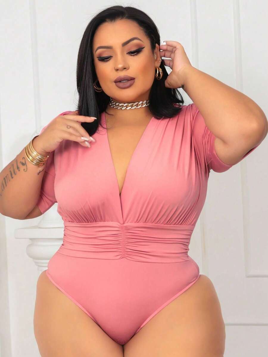 Women's Plus Size Princess Bodysuit / Women's Short Sleeve Blouse / Wrapped / Low-Cut V-Neck / Blogger Fashion - Màu hồng gỉ - Xem 1