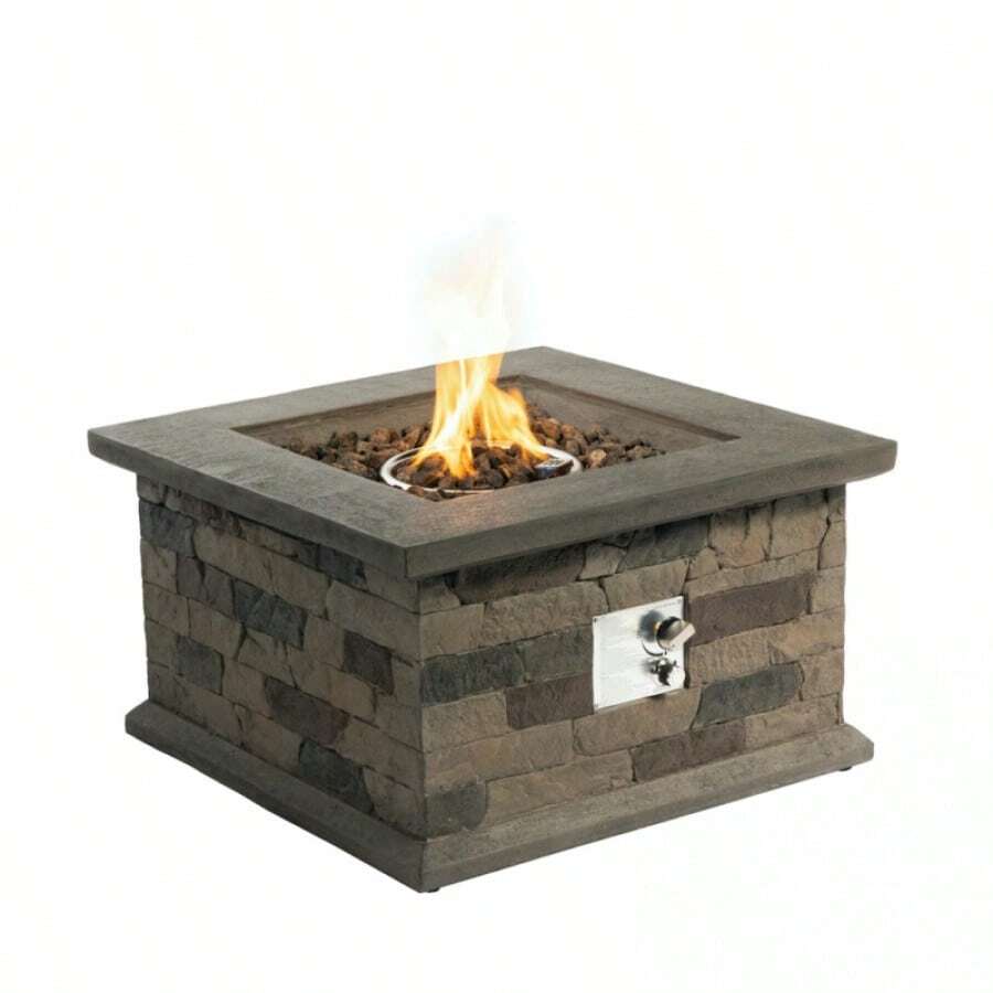 Outdoor Propane Fire Pit Table 28-Inch Imitation Stone Square Concrete Propane Fire Pit With Lava Rocks And Rain Cover 50,000 BTU Gas Smokeless Fire Pit For Outside Patio,Garden,Deck,Backyard, Outdoor Heating