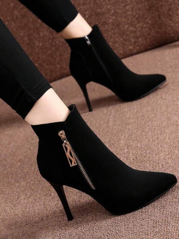 Women's Rhinestone Fringe Decor High Heel Boots, Comfortable Chunky Heel Chelsea Boots, Pointed Toe Side Zipper Design, Elegant Fall Winter Fashion Ankle Boots