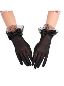 （领结款式随机）1双女士黑色薄款透气波点网纱蕾丝花边创意蝴蝶结手套，优雅婚礼新娘装饰手套，适合婚礼、晚宴、演出和摄影等场合，情人节配饰