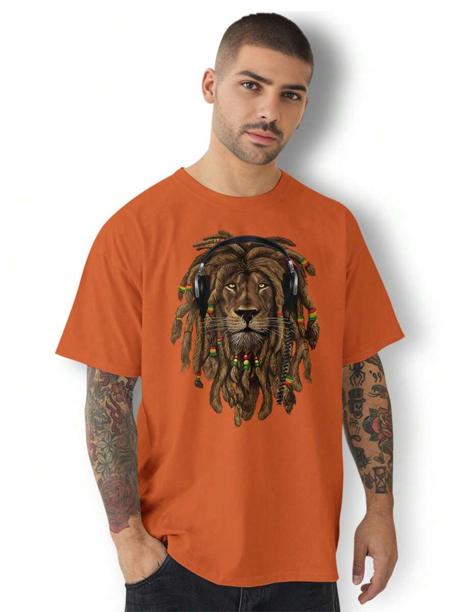 Men's Casual  Lion T-Shirt Premium Cotton Lion Shirt - 橘色 - 查看 1