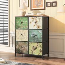 Commode à 6 tiroirs, buffet bohème avec plateau en bois et structure en métal, meuble TV avec tiroirs en tissu, commode pour salon, chambre, couloir