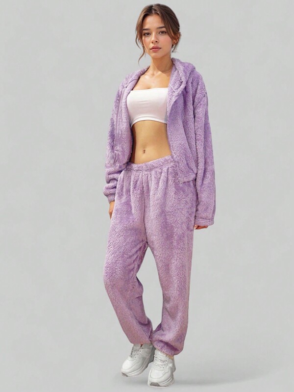 Conjunto de 2 piezas de forro polar para mujer, sudadera de invierno con capucha y pantalones deportivos