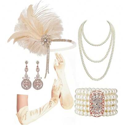 Xiacheng 1920s Flapper Girl Costume Accessories Set: 1920s Flapper Headband, Vintage Pearl Necklace, Gloves