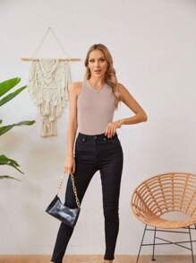 Womens Summer Tank Tops Crewneck Sleeveless Shirts Tanks Slim Fitted Casual Basic Tee Shirt - Khaki - View 5
