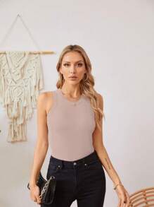 Womens Summer Tank Tops Crewneck Sleeveless Shirts Tanks Slim Fitted Casual Basic Tee Shirt - Khaki - View 4