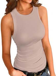 Womens Summer Tank Tops Crewneck Sleeveless Shirts Tanks Slim Fitted Casual Basic Tee Shirt - Khaki - View 1