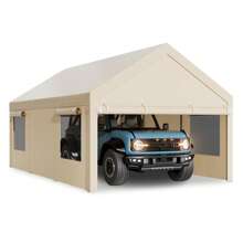 12FT Heavy Duty Carpor, With Removable Sidewalls & Doors,Roll-Up Windows Car Canopy With Sandbags And All-Season Tarp For Car Boat Truck Motorcycle - Màu Khaki - Xem 8