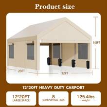 12FT Heavy Duty Carpor, With Removable Sidewalls & Doors,Roll-Up Windows Car Canopy With Sandbags And All-Season Tarp For Car Boat Truck Motorcycle - Màu Khaki - Xem 2