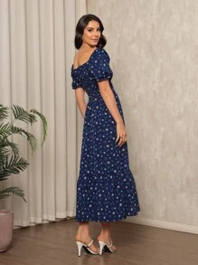 Long Dress With Puffed Sleeves Elastex Print - Royal Blue - View 2
