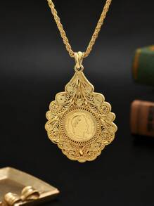1pc Women's Gold Plated Necklace With Fine Hollow Carved Coin Pendant On 60cm Twisted Chain, Algerian Traditional Wedding Jewelry
