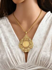 1pc Women's Gold Plated Necklace With Fine Hollow Carved Coin Pendant On 60cm Twisted Chain, Algerian Traditional Wedding Jewelry