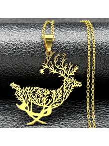Dây chuyền mặt dây chuyền cây sự sống nai sừng tấm cho phụ nữ vàng bạc màu Giáng sinh tuần lộc rỗng bằng thép không gỉ cho phụ kiện thời trang nữ - vòng cổ - Xem 1