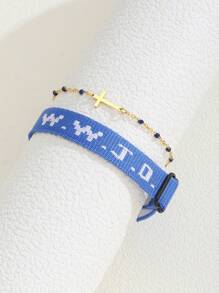 1 Pair WWJD What Will Jesus Do Letter Jacquard Knit Wristband Bracelet & Cross Decor Bohemian Beaded Bracelet Inspirational Christian Jewelry Set For Women Men For Daily Wearing