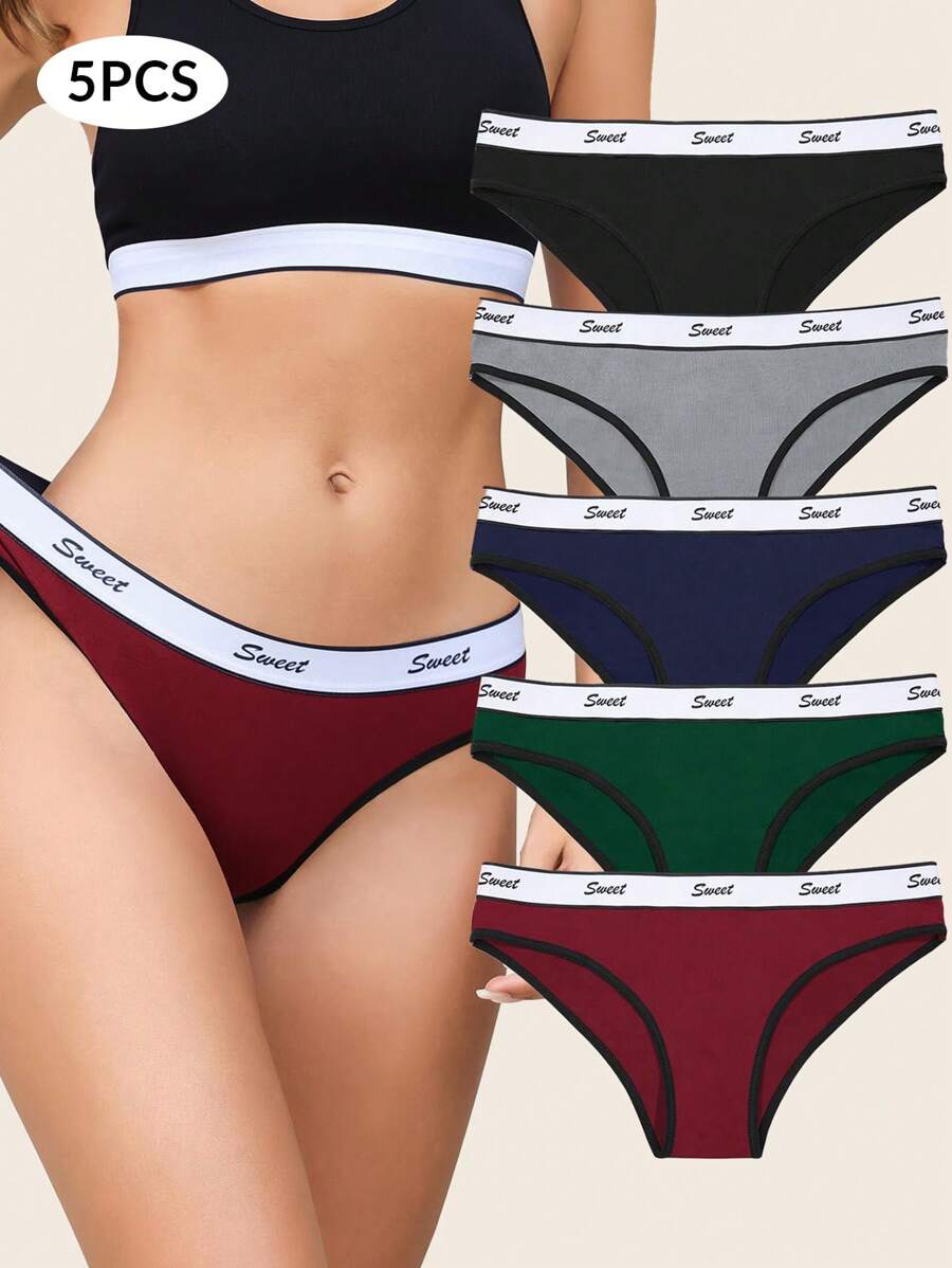 5-Pack Pure Cotton Low Waist Bikini Briefs With Jacquard Letter Webbing
