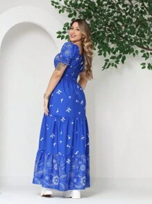 Women's Long Dress With Short Sleeves And Print - Royal Blue - View 3