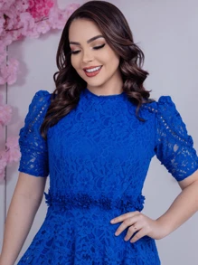Lace Midi Maxi Dress Short Sleeve Floral Party - Xanh đậm - Xem 4