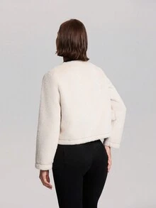 Women's Metal Clasp Collar Fuzzy Casual Jacket For Winter - Beige - View 2