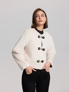 Women's Metal Clasp Collar Fuzzy Casual Jacket For Winter - Beige - View 4