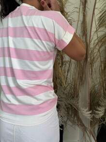 Women's T-Shirt Striped Blouse Short Sleeve Fashion Blogger - hồng và trắng - Xem 2