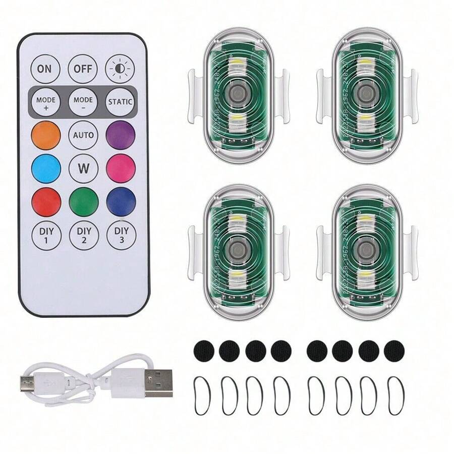 4PCS Wireless LED Strobe Lights With Remote Anti-Collision Light USB Charging High Brightness Led Motorcycle Lights For Cars Drone Aircraft Trucks Bike Scooter Night Wraning Flashing Lights