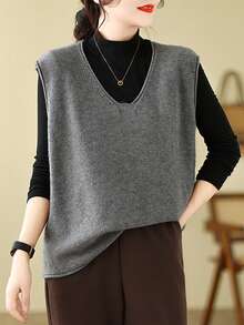 New Oversized V-Neck Knit Vest Cardigan For Women - Grey - View 6