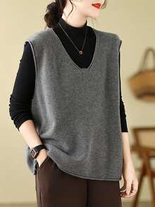 New Oversized V-Neck Knit Vest Cardigan For Women - Grey - View 5