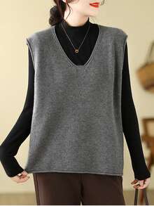 New Oversized V-Neck Knit Vest Cardigan For Women - Grey - View 3