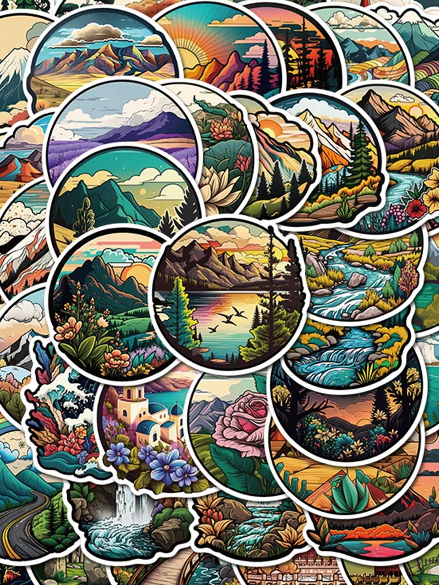 55pcs Outdoor Landscape Cartoon Graffiti Stickers Water Cup Computer Luggage Decoration Waterproof Stickers,Chicken Stickers,Movie Stickers,Construction Stickers,Forest Stickers,Luggage,Small Stickers