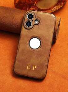 Ốp lưng điện thoại có lỗ logo tên cá nhân tùy chỉnh tương thích với iPhone 16 15 14 13 12 11 Pro Max 16 15 14 Plus Da doanh nhân cổ điển sang trọng khắc chữ cái đầu tên 3D DIY chống sốc - màu nâu - Xem 2