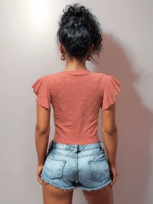 New Women Casual Hollow Out Shirt Ruffle Sleeves Round Neck Criss-Cross Detail High Stretch - 淺粉色 - 查看 2